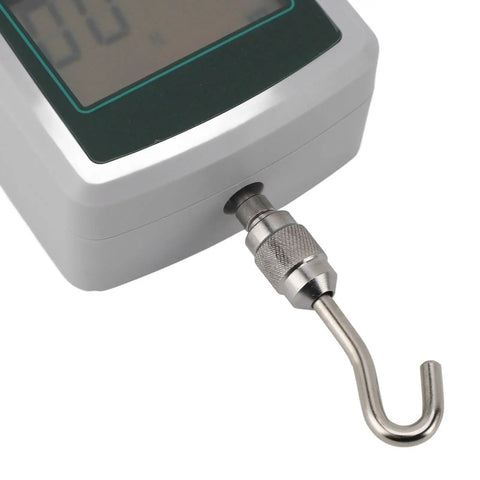 Rugged Mini Digital Force Gauge And Portable Push Pull Tester For Wire And Cable Testing Featuring Integrated Sensor Module With Dead On Readings And Hella Tough Frame close-up of sensor hook and digital display