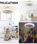 Enclosed Ceiling Fan With Light And Bluetooth Speaker Low Profile 18.1 Inch App Control for dimming RGB color change in different rooms.