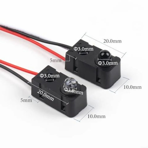 Two IR Break Beam Sensor Module Kit 5 Pack DC 3 To 5V NPN Normally Open Output Arduino Compatible with dimensions labeled.