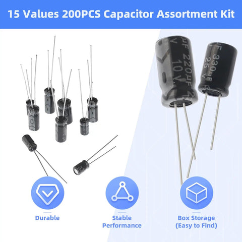 Premium Electrolytic Capacitor Assortment Kit With 200 Pieces Covering 15 Values from 0.1uF to 220uF showcased with connectors.