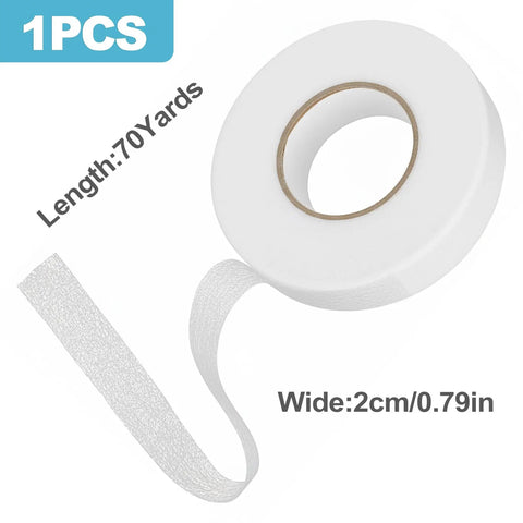 No Sew Iron On Hemming Tape Roll 2 Cm By 70 Yards Strong Fabric Seam Tape for Curtains and Clothes, white roll with length details.
