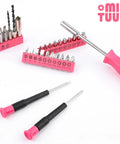 Pink handle screwdriver set with assorted bits and drill pieces arranged on a white surface, branded with MIK TOOLS logo.