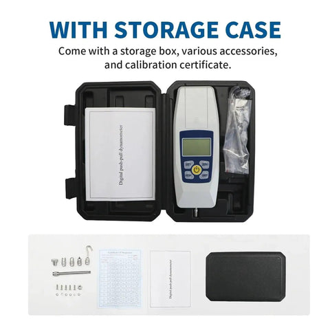 Slick Digital Push Pull Force Gauge With Backlit Display And Auto Power Off For Quick Stress Tests in storage case with accessories.