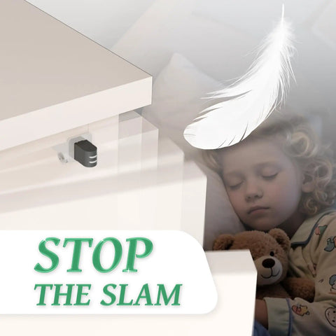 Heavy Duty Abs Pc Soft Close Cabinet Dampers Ten Pack shown near a sleeping child, illustrating soft close functionality.