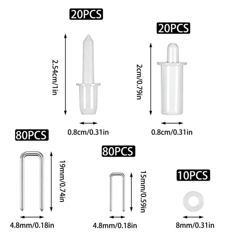 Rock Solid 220 Piece Stainless Steel Plantation Shutter Repair Kit Featuring Heavy Duty Repair Nails And Spring Loaded Pins For A No Hassle Weekend Project Fix, displayed components with dimensions.