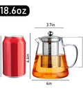 Stovetop Safe Glass Teapot 550ml with Removable Stainless Steel Infuser, next to can for size comparison, ideal for camping and travel.
