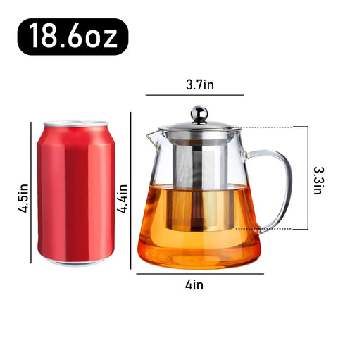 Stovetop Safe Glass Teapot 550ml with Removable Stainless Steel Infuser, next to can for size comparison, ideal for camping and travel.