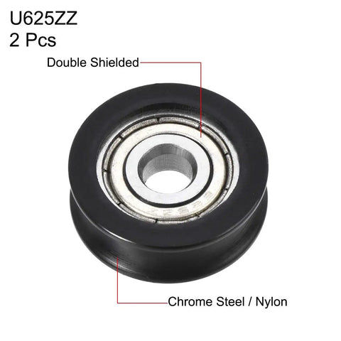 Badass U Groove Ball Bearing 5mm Double Shielded Chromium Steel V Track Roller For Slick Spin And Zero Play In Light Industrial Motors And Garage Project Runs 5 Pack, showing U625ZZ design with chrome steel and nylon material.