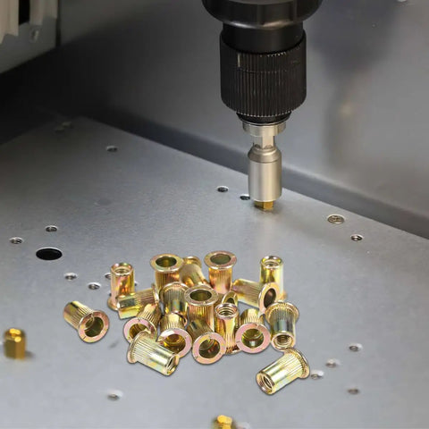 Rivet Nut Assortment Kit 500 Pcs Galvanized Carbon Steel M3 M4 M5 M6 M8 M10 in use on metal surface with drill attachment