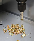 Galvanized Rivet Nut Kit Set with threaded inserts on metal surface being drilled, includes M3 M4 M5 M6 M8 M10 sizes