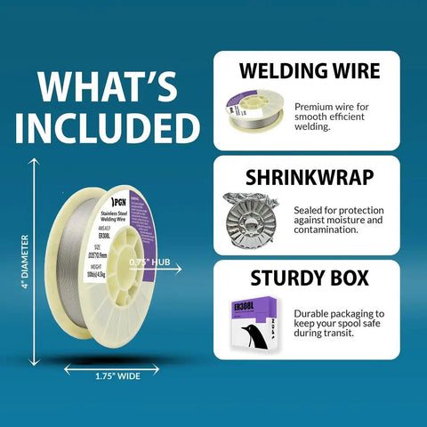ER308L Stainless Steel MIG Wire 035 Inch 10 Pound Spool with included shrinkwrap and sturdy box details