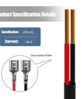 Product specifications for 2 Pack Trail Camera Power Cord Hella Durable 5.5X2.1MM DC Cable showing 22AWG and connectors.