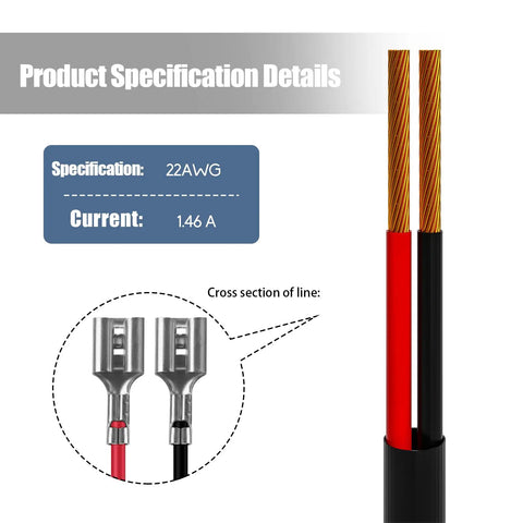 Product specifications for 2 Pack Trail Camera Power Cord Hella Durable 5.5X2.1MM DC Cable showing 22AWG and connectors.