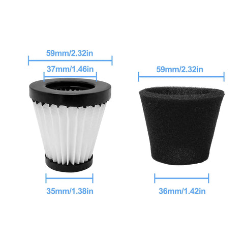 Three Pack Handheld Vacuum Cleaner Filter Set For Dirt Devil Scorpion Handheld Vacuums Style F117 Compatible With Part AD40117 Replacement Must Have Easy To Install For Quick Cleanups At Home Or In The Car shown with dimensions.