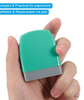 Sweet Acting On Time Self Inking Stamp For Quick Daily Office Grinds Featuring Refillable Red Ink held in hand, compact green design.