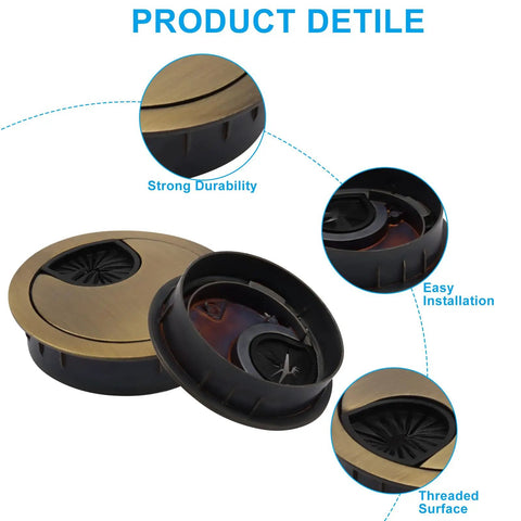 Hella Sturdy 2 Inch Metal Desk Grommets 2 Pack Bronze Finish with removable top plate for cable management.