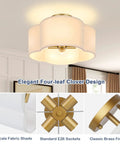 4 Light 14.4 Inch Semi Flush Mount Ceiling Light Fixture With Gold Brass Finish White Fabric Shade Modern Farmhouse Cozy Vibe Lamp