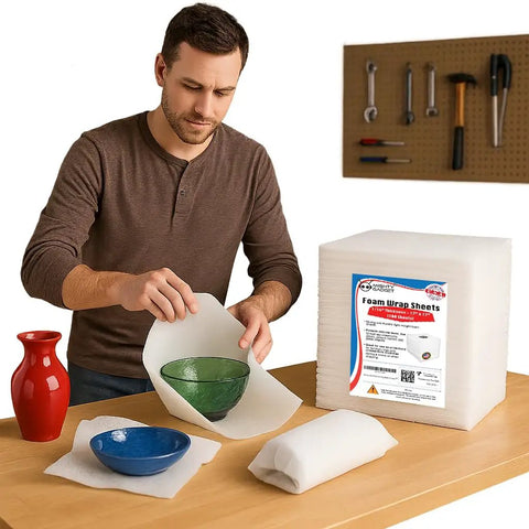 Person using Top Shelf Foam Packing Sheets 100 Pack 12X12 Inch 1/16 Thick Polyethylene for packing dishes.