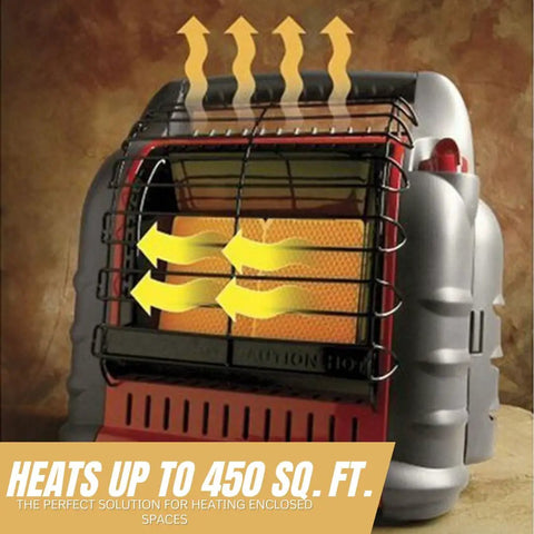 Portable Big Buddy Propane Heater Bundle With 10 Foot Hose And Brass Tank Adapter For Indoor Outdoor Use Delivers 4,000, 9,000 Or 18,000 BTU Of Heat Ideal For Garage Workshop Patio Or Camping Three Item Set shown heating up to 450 sq ft