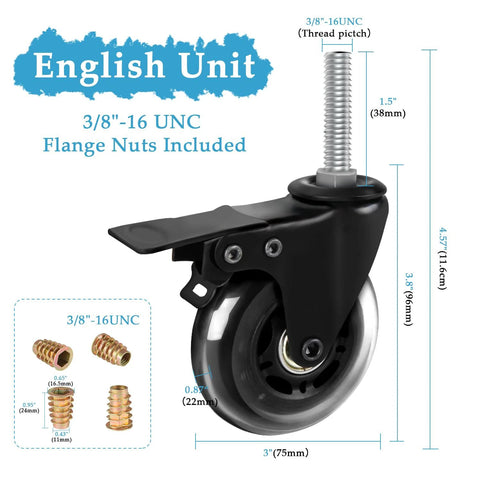 Three Inch Stem Caster Wheels With Safety Dual Locking And Heavy Duty Threaded Stem Three Eighths By Sixteen Inches By One Point Five Inches