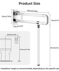 Product size dimensions of Dang Sturdy Flip Up Toilet Safety Handle With Floor Base Stand for Seniors in white stainless steel.