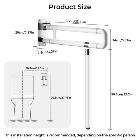 Product size dimensions of Dang Sturdy Flip Up Toilet Safety Handle With Floor Base Stand for Seniors in white stainless steel.
