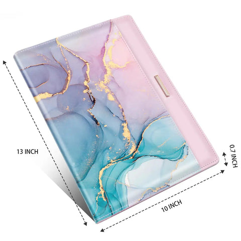 Padfolio For Women And Men With Clipboard Boss Style Cute Chic Resume Portfolio Folder Conference And Legal Document Organizer A4 And Letter Size 4 Card Holders Document Sleeve Pen Loop Pink Blue Gold, showing dimensions 13x10x0.7 inches.