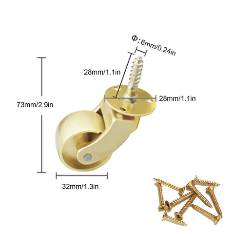 4 Pack Antique Brass Caster Wheels Threaded Stem 360 Swivel Furniture Castors dimensions 73mm, 28mm roller with mounting screws.