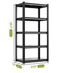 Heavy Duty Metal Storage Shelves, Five Tier Utility Rack with dimensions 58.7x27.5x15 inches, black steel shelving unit.