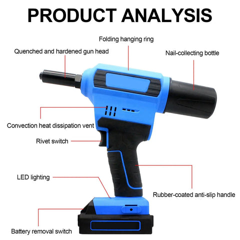 No Sweat Heavy Duty Cordless Electric Rivet Gun Featuring Brushless Motor And Reliable Battery For Quiet Operation side view showcasing features