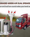 Bad Boy Heavy Duty Dual Trumpet Air Horn With 12V Electric Compressor Kit showing dual speakers and compressor with truck.