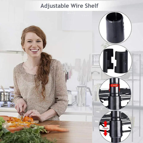 Woman chopping vegetables near Adjustable Heavy Duty Wire Shelving With Four Solid Levels, showcasing snap-together build.