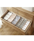 Slick Four Compartment Plastic Underwear Storage Box For Closet Dresser Drawers with neatly organized bras and socks.