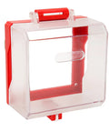 Transparent Emergency Stop Button Cover Lockout Box Type with red edges, made of rugged PC plastic, prevents misoperation and debris ingress.