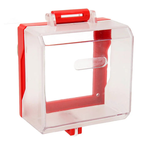Transparent Emergency Stop Button Cover Lockout Box Type with red edges, made of rugged PC plastic, prevents misoperation and debris ingress.