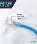 Lighted outlet of 10 Ft 16 Gauge All Weather Extension Cord Built To Survive Subzero Chill Without Getting Hard As A Rock in snow.