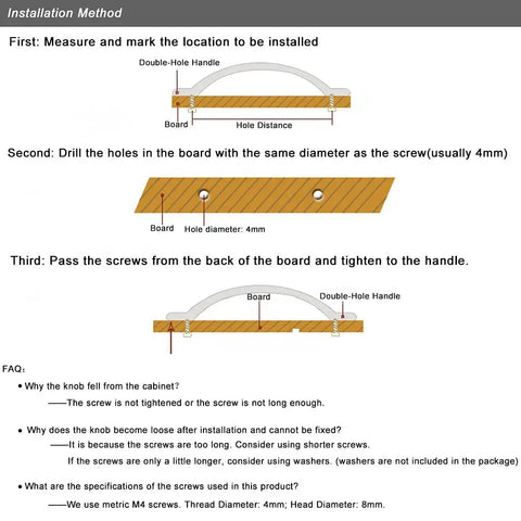Installation method for Twig Branch Cabinet Knobs 4 Pack, showing drill and screw placement on board.