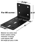 Ten Pack Heavy Duty Four Inch L Brackets Workhorse Steel Corner Braces For Shelf Install And Furniture Fix Slot Bolt Ready Powder Coated Matte Black, showing dimensions and mounting details.