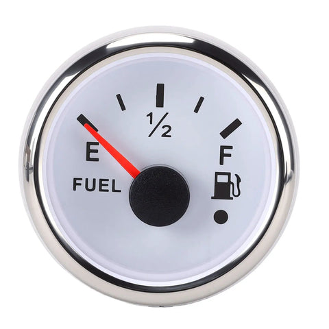 Hella Precise Marine Fuel Gauge And Sending Unit Kit With Eight Inch Stainless Steel Water Level Sensor For Boat Truck RV And Car Top Shelf Weather Proof Dashboard Meter White Dial Silver Bezel showing fuel level indicator.
