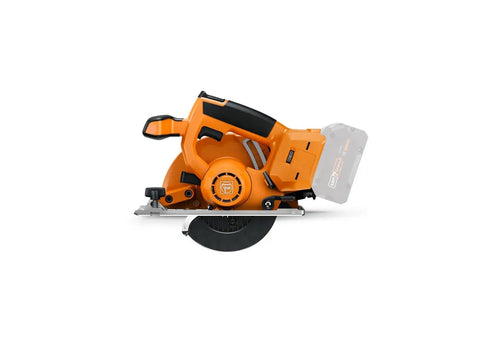 Built Tough Cordless Circular Saw For Zero Sweat Cold Cutting Sheet Metal And Pipe No Spark Action with an orange finish and exposed blade.