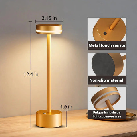 Cordless Table Lamp With Aluminum Touch Control Rechargeable 4000mAh Battery Warm 3000K LED Lit Hand Painted Modern Accent Light shown with size dimensions and features.