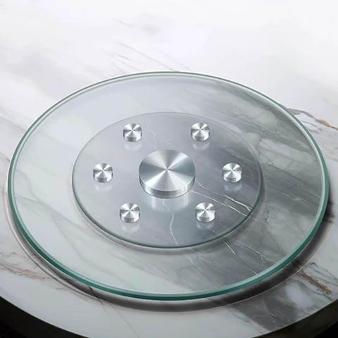 Large Round Lazy Susan With Solid 360 Smooth Spin Heavy Duty Tempered Glass Turntable Tray on marble table surface.
