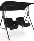 Two Person Outdoor Porch Swing With Canopy, Storage Table, Cooler Bag, And Cup Holders, Cozy Removable Cushions, Black