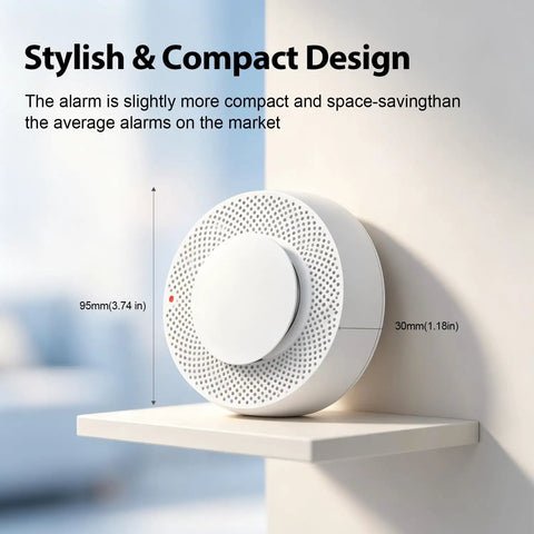 Kickin Butt Fire Alarm Smoke Detector With Smart Photoelectric Tech Ten Year Power Guarantee Set Of Five White Units For Home Base Wall Mount, compact design on shelf.