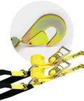 Axle Tie Down Combo Strap Kit 2 Inch Wide Classic Yellow 3300 Pound Safe Working Load with ratchet and hook detail