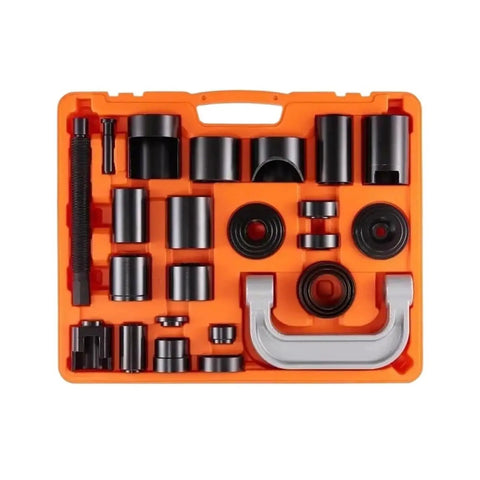 Hella Durable Ball Joint Press Kit With Robust C Frame Design For Smooth Suspension Repairs, 25 pc tool set in orange case.