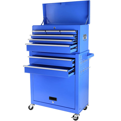 Built Tight Eight Drawer Rolling Tool Chest With Fully Lined Drawers And Locking Base Cabinet For No Mess Garages And Heavy Duty Shop Rigs In True Blue, open drawers, ergonomic design.