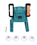 No Drama Heavy Duty Bench Grinder With Permanent Magnet Motor Spinning At 5500RPM And 70mm Grinding Wheels, showing dual wheels and power switch.