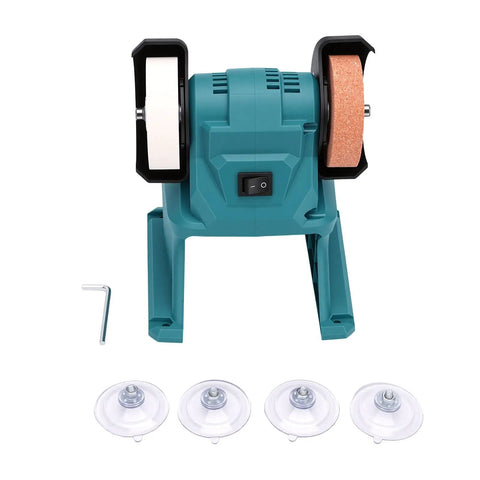 Top Shelf Mini Bench Grinder With 5500 Rpm Solid Copper Motor Precision Metal Polish And Deburring Station front view with dual wheels and base.
