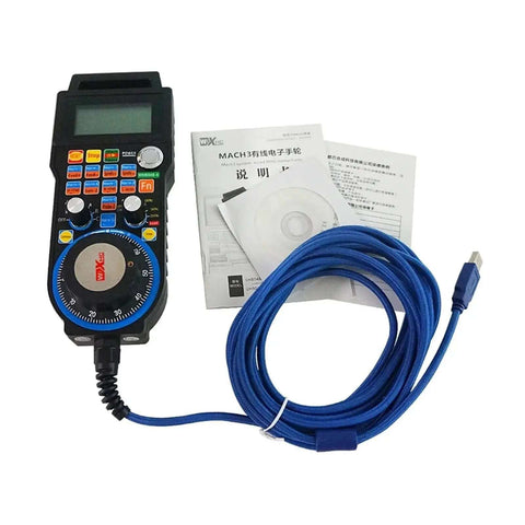 USB Handwheel Controller For CNC Machines, 1 Piece Hand Controller With USB Interface, coiled blue cable and manual